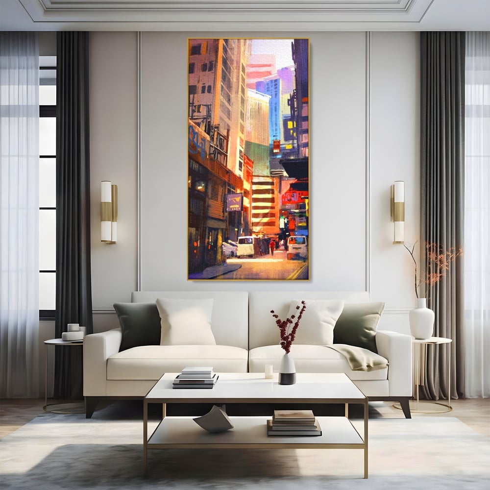 Tablou canvas cu pictura digitala cu strazi inguste, in rama de aluminiu auriu, pe perete intr-un living